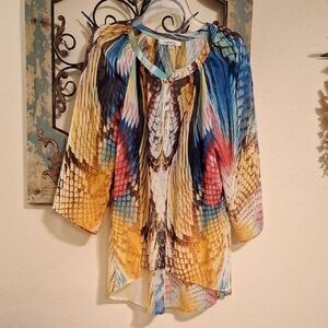 Artistic Blue and Orange 3/4 Sleeve Blouse. Excellent Condition NWOT Size SMALL